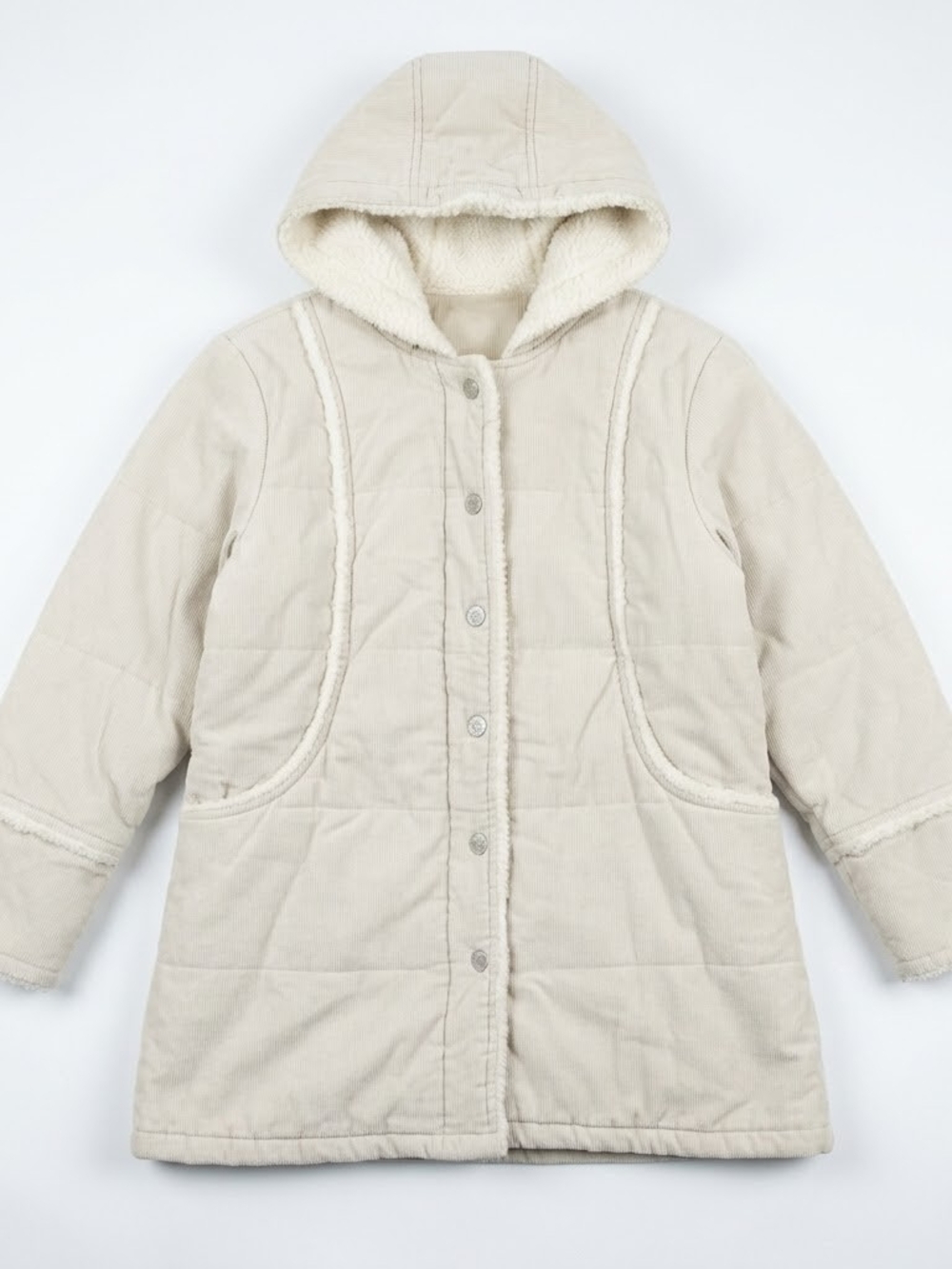 VTG Girls L/XL Corduroy Hooded Beige Coat Sherpa Lined Cabincore Fall/Winter 90s